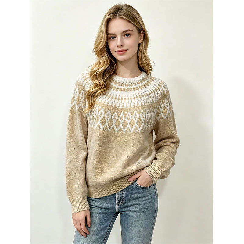 Cross-border direct source factory wholesale European and American style Fair Isle jacquard sweater for women, autumn and winter round neck knitwear, loose top Cross-border direct source factory wholesale European and American style Fair Isle jacquard sweater for women, autumn and winter round neck knitwear, loose top