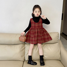女童红色格子毛呢背心裙连衣裙2025秋冬新款女孩加绒公主裙娃娃裙