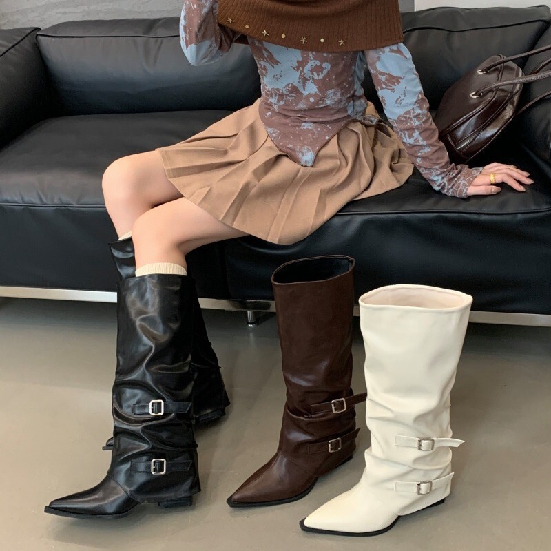 尖头搭扣褶皱堆堆靴女2025秋冬新款朋克风骑士靴炸街辣妹长筒靴潮|undefined