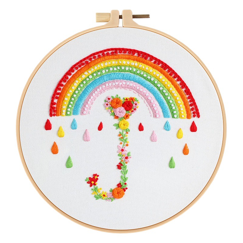 Original nuevo DIY bordado hecho a mano material paquete Rainbow Mood Sunshine flor paraguas tela bordado Inglés