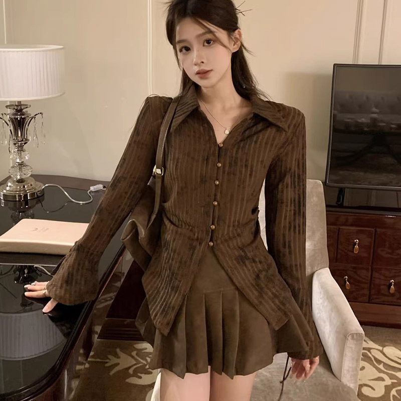 Cross-Border Foreign Trade Specializes in One Piece Drop Shipping Long-Sleeved Shirt Women's Cardigan Design Lapel Top Factory Direct Sale
