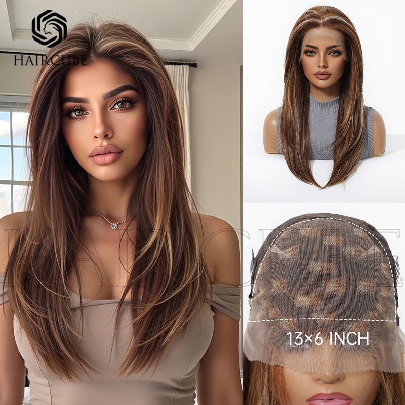 Large Area 13*6 Lace Wig with Medium-Long Layered Straight Hair, Casually Parted, Asian-Style Wig Large Area 13*6 Lace Wig with Medium-Long Layered Straight Hair, Casually Parted, Asian-Style Wig