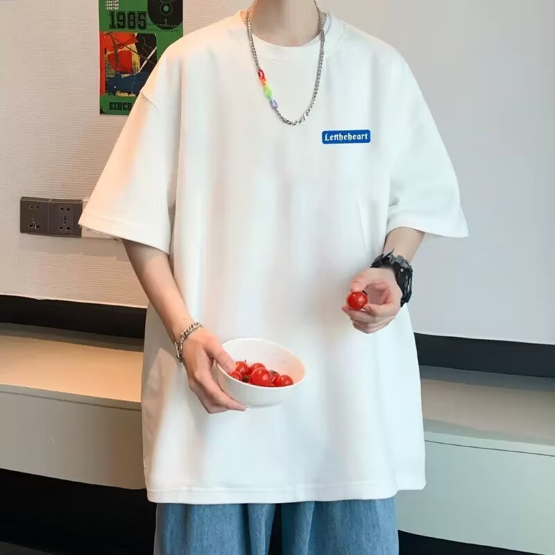 미국 반팔 남성 여름 디자인 센스 니쉬 트렌디 올 매치 헤비 티셔츠 홍콩 스타일 솔리드 컬러 남성 패션 브랜드 의류