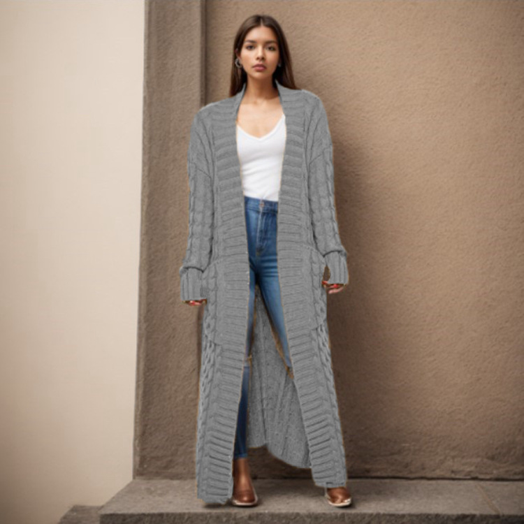 Damen-Strickjacke mit langen Ärmeln, einfarbig, langer Pullover, dicker Mantel_voghion.com