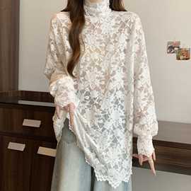 大码欲风高领蕾丝衫长袖T恤女冬新款白色打底衫胖MM中长款上衣