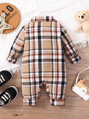 Cross-border INS Newborn Baby Boy Spring/Autumn Lapel Plaid Long-Sleeved Single-Button Korean-Style One-Piece Romper