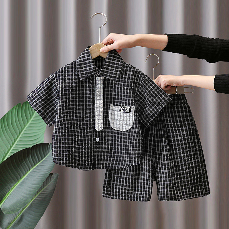7178 Traje de camisa a cuadros para niños Vestido de verano delgado de manga corta y guapo 2025 Nuevo traje de verano para niños Verano de dos piezas