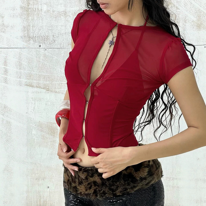 Hot Girl Retro Sexy Hollow-Out Short-Sleeve Top 2026 Summer Pure Desire Waist-Cinching Slimming American-Style Short Lace-Up T-Shirt Hot Girl Retro Sexy Hollow-Out Short-Sleeve Top 2026 Summer Pure Desire Waist-Cinching Slimming American-Style Short Lace-Up T-Shirt