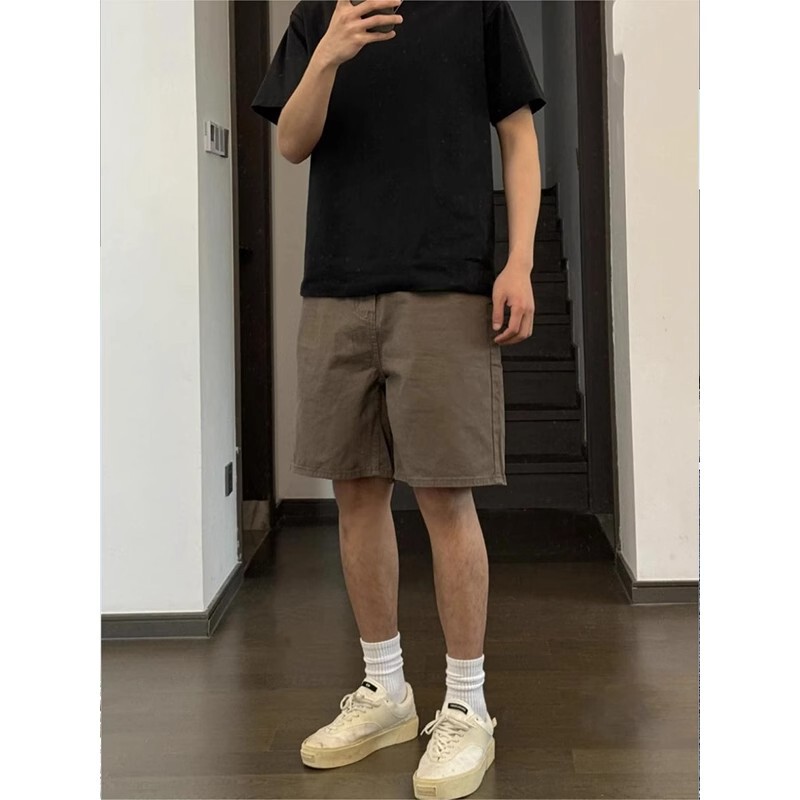 Retro Stretch Denim Shorts Men's Summer Loose Casual Straight Five-Point Pants Trendy Sports Brown Half Pants