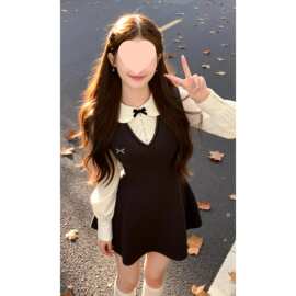 甜美蝴蝶结套装连衣裙女2026新款娃娃领衬衫针织显瘦收腰约会穿搭