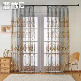 跨境新款花卉绣花窗纱 美式透光镂空绣花窗纱 家用成品窗帘配纱