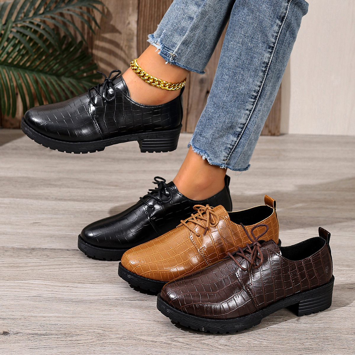 Women's Retro Lace Up Low Top Loafers Plus Size Mid Heel Leather Shoes British Style Autumn New_voghion.com