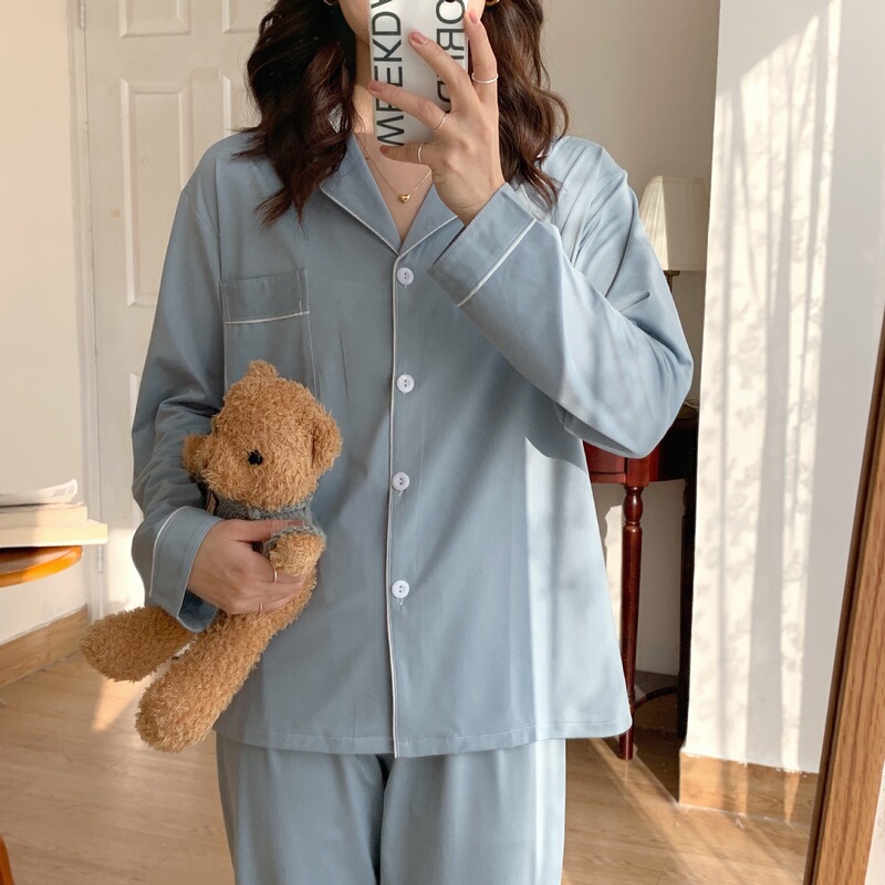 Spring and Autumn New cardigan pajamas women's cross-border live TikTok long sleeve solid color sweet simple home wear suit women
