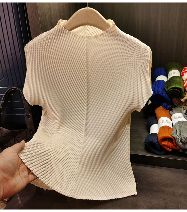 Áo cổ đứng xếp li vảy rồng tay ngắn nữ cao cấp đa năng — Màu đen, Màu đỏ hoa hồng, Màu hồng, Màu xanh lá chi tiết 8