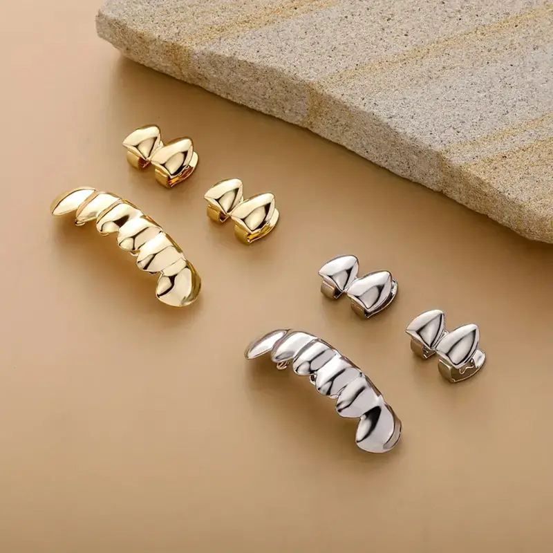 Tooth socket Piercing Type Hot Sale Fashion Double Glossy Three-Piece Hip Hop Hiphop Men And Women Halloween Stage Dentures Props