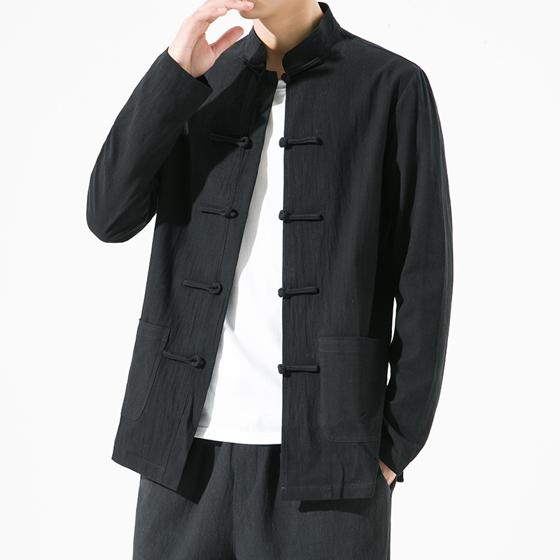 Camisa de traje Tang de manga larga casual de primavera y otoño de estilo chino Camisa de té suelta retro de estilo chino Túnica de túnica de color sólido para hombre