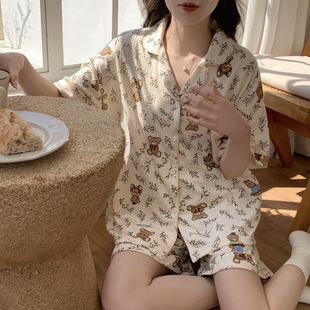 Cute Bear Pajamas Women's Suit Women's Summer Age-reducing Lapel Short-sleeved Shorts Home Wear Two-piece Set 2024 Spring and Summer