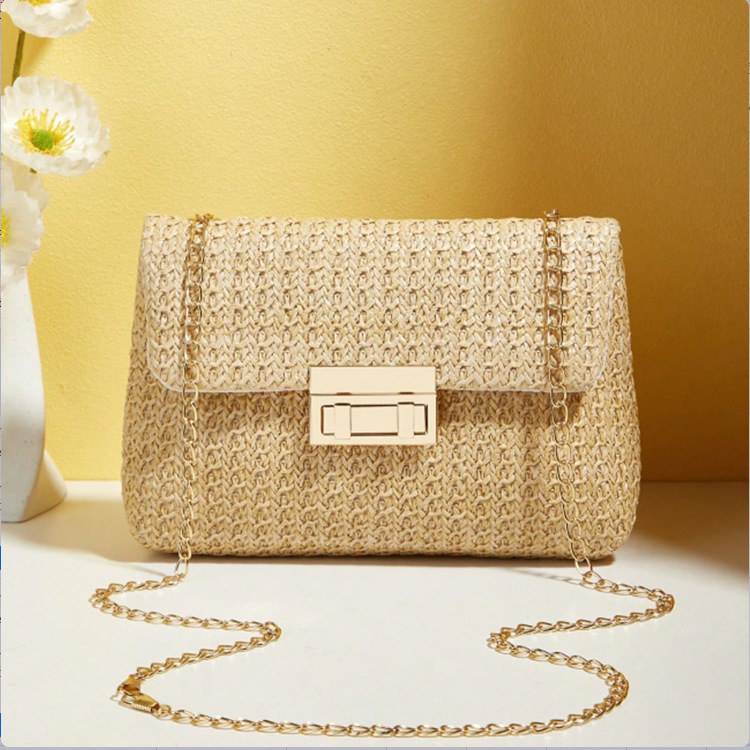 Bolsos de hombro de moda de paja de doble cerradura de viento dulce 2024 verano nueva moda versátil cadena de transporte de viaje bolsa de mochila image 2