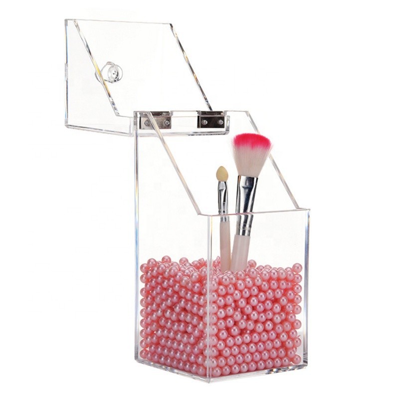 亚克力水晶透明翻盖珍珠化妆刷收纳盒梳妆台面整理防尘带盖收纳筒