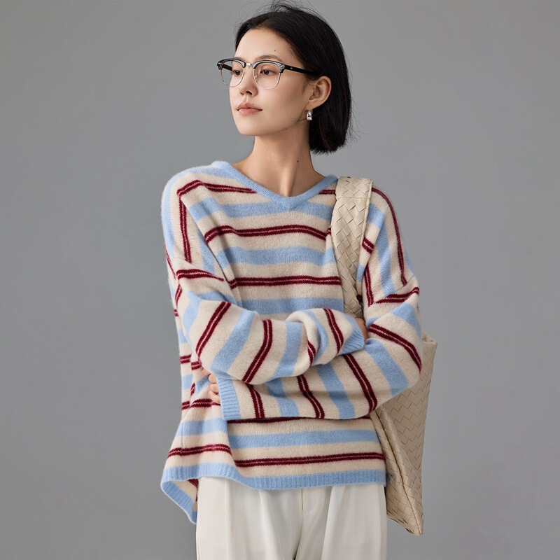 Korean Style Stripesd Contrasting V Neck Cashmere Knitwear Large Size Lazy Style Loose Top Women's Retro Stripesd Long Sleeves Korean Style Stripesd Contrasting V Neck Cashmere Knitwear Large Size Lazy Style Loose Top Women's Retro Stripesd Long Sleeves