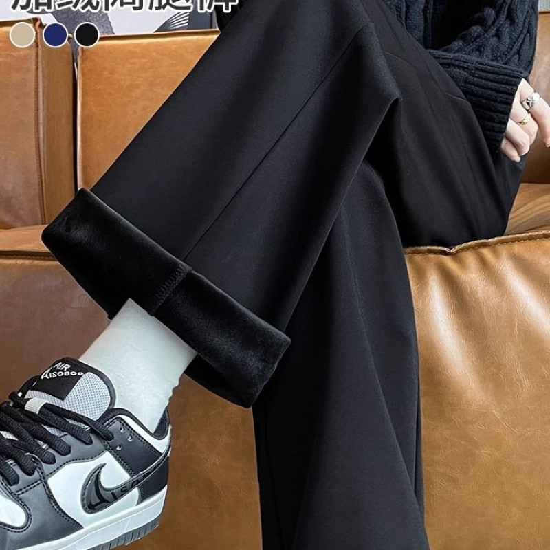 300斤大码加绒西装裤女冬季加绒高腰宽松显瘦休闲垂感直筒阔腿裤