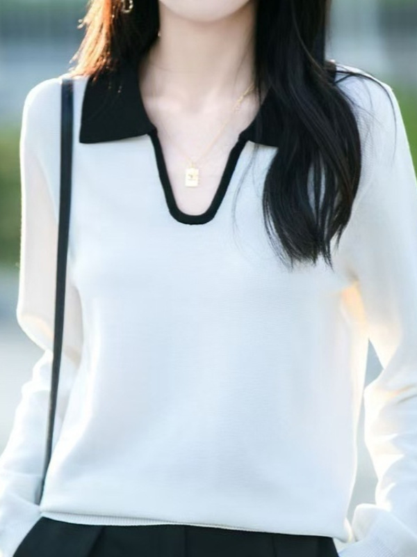2025新款polo领女长袖针织薄款t恤早秋新款上衣外穿翻领毛衣小衫|undefined