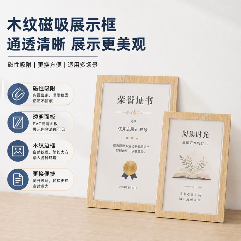 Wood grain magnetic photo frame wall, no-drill photo frame, photo wall for home use, DIY award display, magnetic photo wall