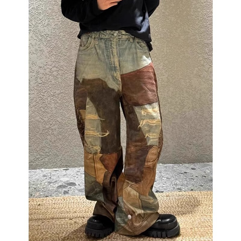 Ac Style Old Mud-Dyed 3D Digital Splicing Printed Jeans for Men and Women, Loose Straight Washed Casual Pants