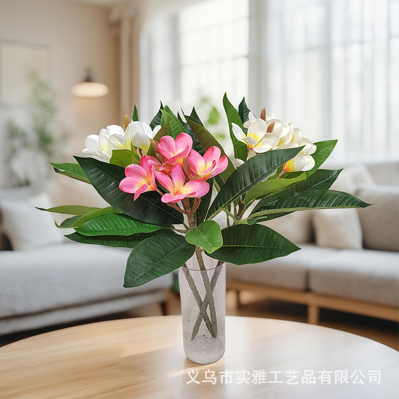 Plumeria 3D Printed Single Branch Feels Like Plumeria Green Plant Flower Arrangement with Materials for Home Living Room Decoration and Landscaping Artificial Flowers