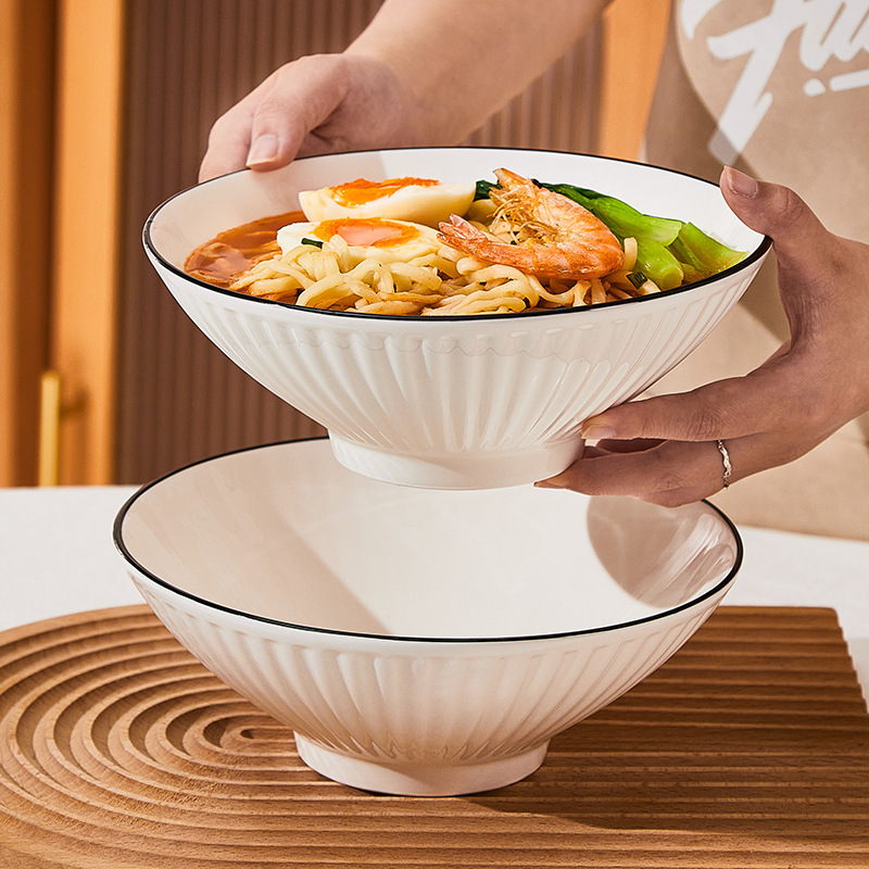 Straight Noodle Bowl Household Ceramic Bowl Tableware Japanese Noodle Bowl Instant Noodles Large Bowl Bamboo Hat Bowl Large Soup Bowl Noodle Bowl