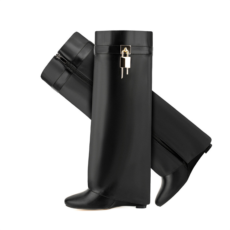 Long Boots with Metal Lock Buckle, Export Women's Shoes, High-Leg Trouser Boots, Wedge-Heeled Knight Boots, Side Zipper, Large Size Long Knee-High Boots
