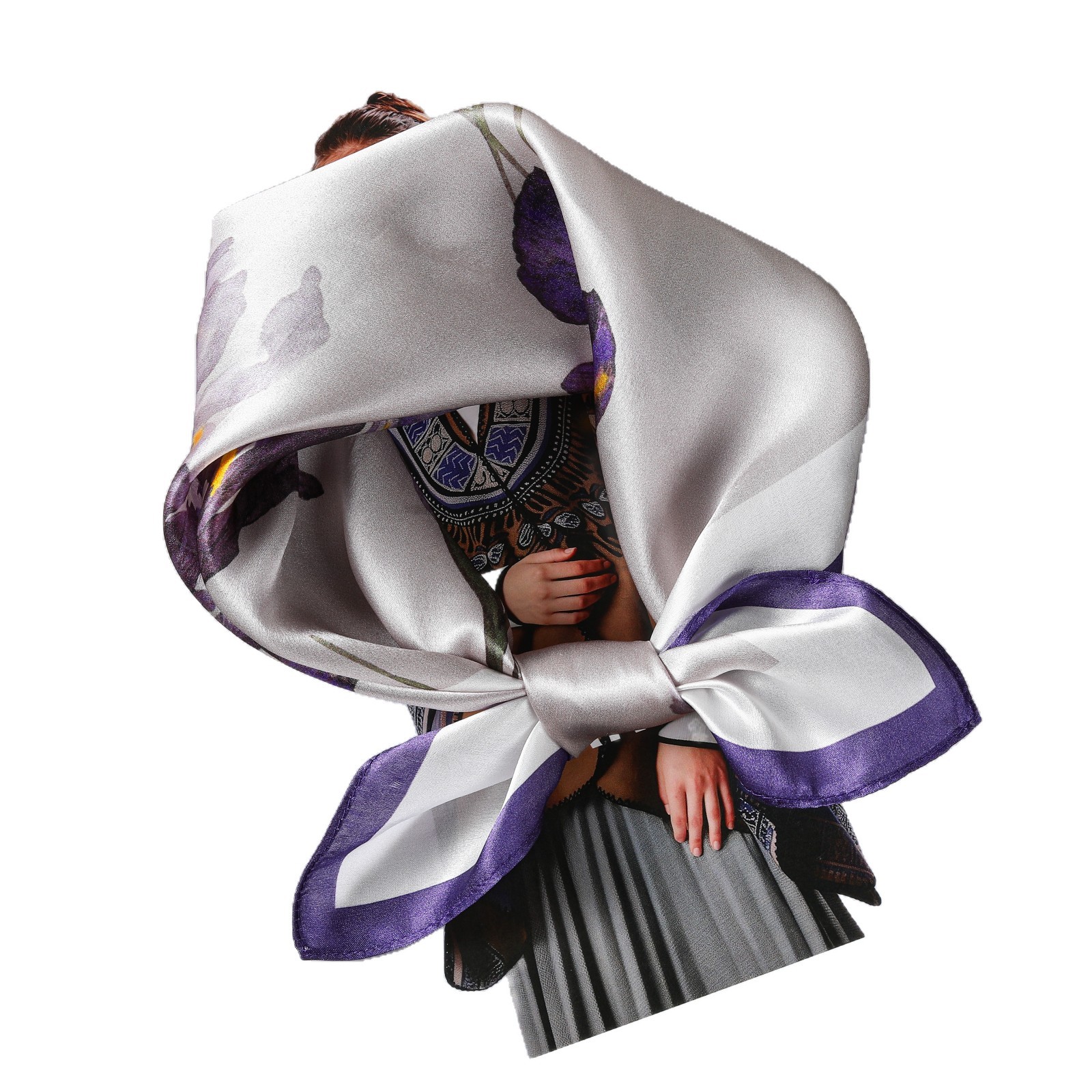 Pañuelo de seda con estampado de flores de iris violeta mujer_voghion.com