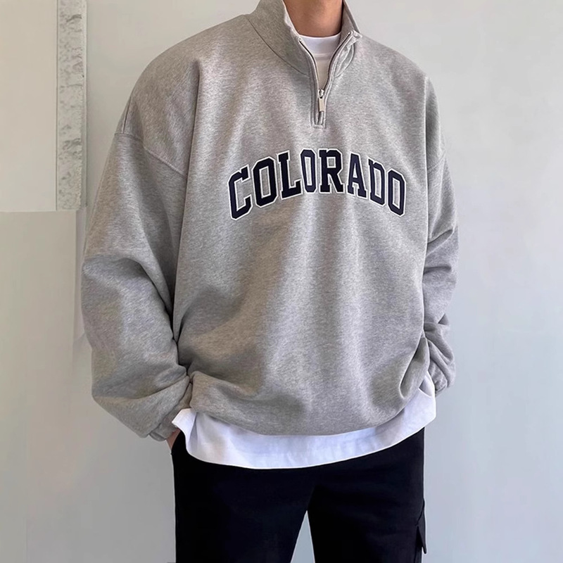 ハーフジッパーの男性のアメリカ式ファッションブランドの春秋レトロなカップルの上着insのゆったりしたアルファベットの刺繍のコンビネーションコート|undefined