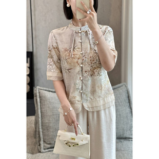 Mom's Summer Clothes 2025 New Chinese Printed Chiffon Shirt Middle-Aged and Elderly Women's Short-Sleeved T-Shirt Tops Elegant Shirt