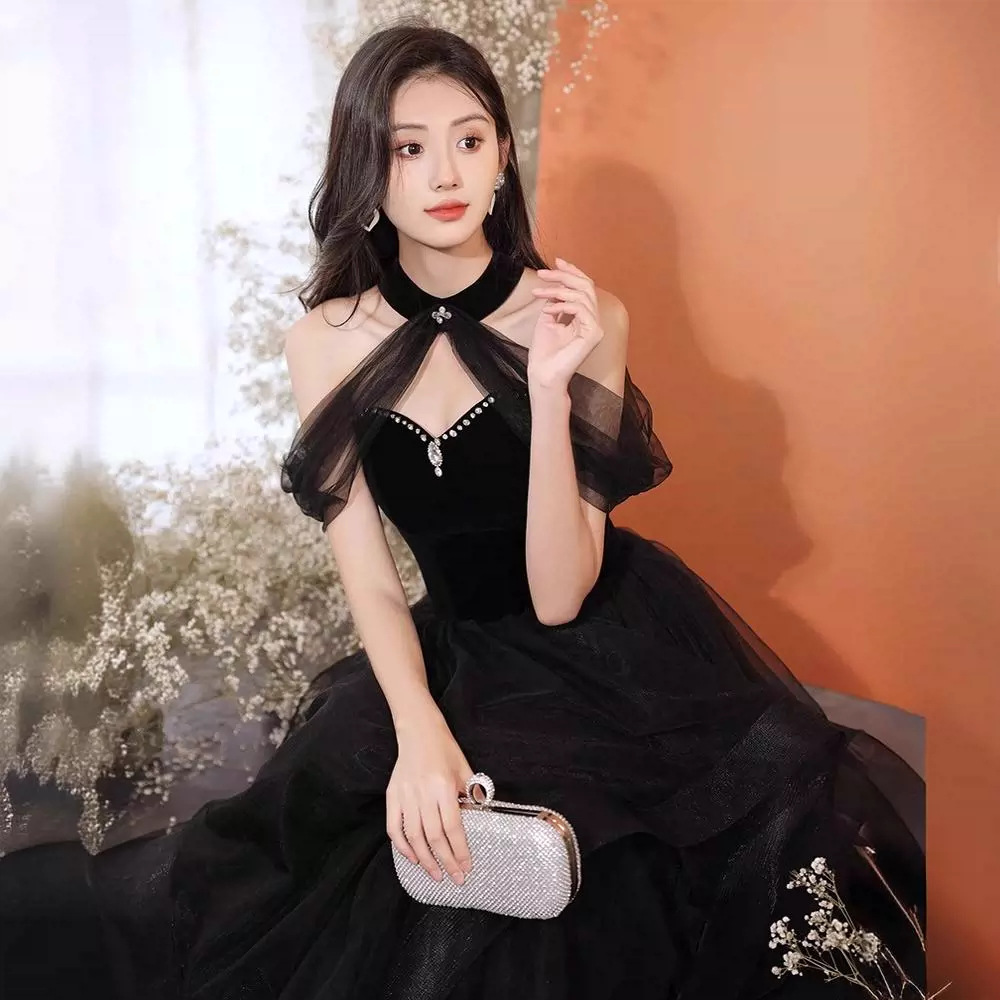 Vestido de noche negro para mujer, de alta gama, ligero y lujoso, exclusivo, ideal para anfitrionas, presentaciones de piano, exámenes de arte vocal, con un toque de sofisticación.