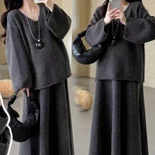 慵懒风大码毛衣时尚套装女秋冬新款宽松外穿a字半身裙两件套