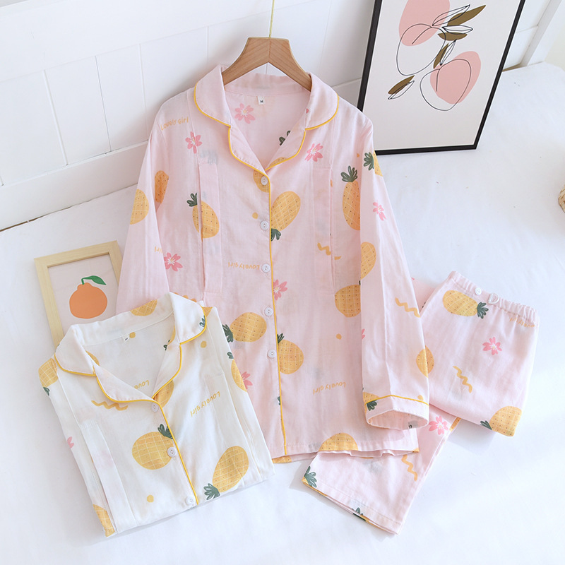 Cotton Double Gauze Lapel Lapel Moon Suit Four Seasons Thin Breastfeeding Clothes Long Sleeve Breastfeeding Mouth Pregnant Women's Breastfeeding Pajamas