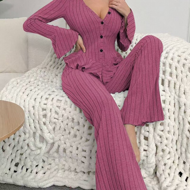 Foreign Trade Hot-Selling European and American Cross-Border Women's Pajamas with Velvet Feel, V-Neck, Long Sleeves, and Long Pants, Suitable for Wearing Outside as Loungewear Pajamas