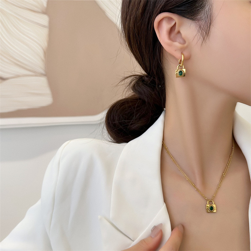 Fashion Lock Titanium Steel Inlay Zircon Womenu0027S Earrings Necklace