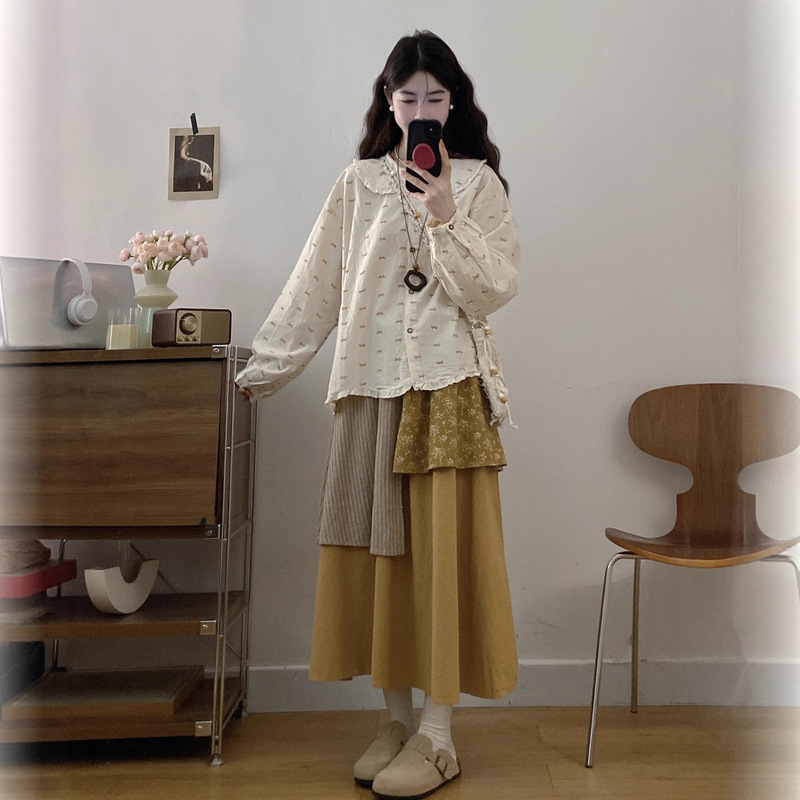 大码胖mm森系娃娃领印花棉布衬衫+拼接高腰半身裙两件套|undefined