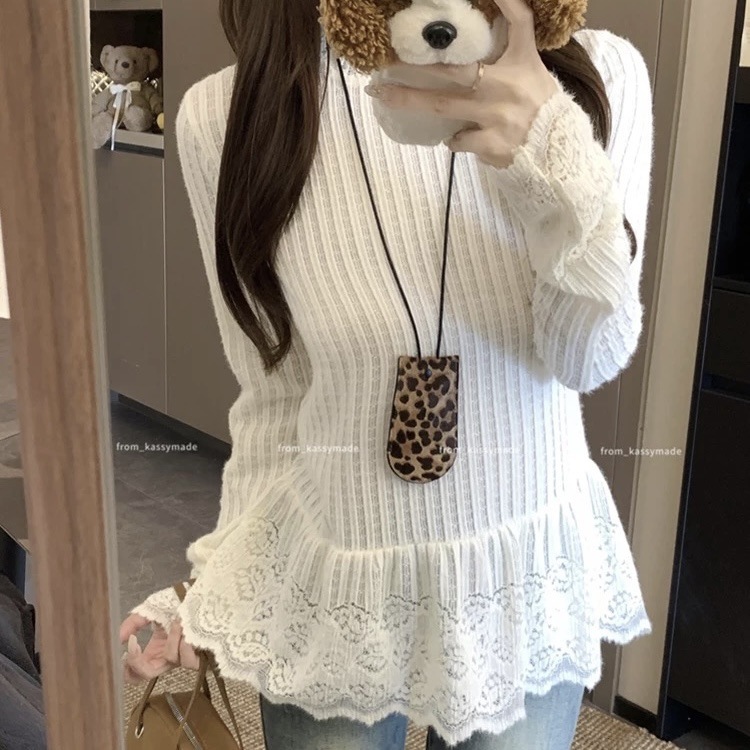 韩系穿搭蕾丝拼接长袖针织衫女早秋新款甜美设计感半高领显瘦上衣|undefined