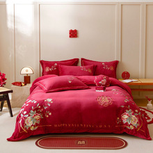 红色龙凤刺绣中式牛奶绒结婚庆四件套冬季被套珊瑚绒加厚陪嫁床品