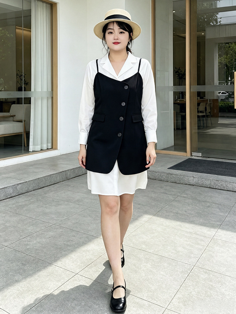 60-150kg Plus Size Women's Shirt Dress with Vest, Suitable for Slightly Chubby Women, Casual Style Two-Piece Set for Spring and Autumn 2026 60-150kg Plus Size Women's Shirt Dress with Vest, Suitable for Slightly Chubby Women, Casual Style Two-Piece Set for Spring and Autumn 2026