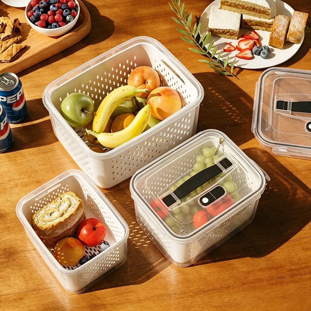 Refrigerador cesto de drenaje caja de preservación rectangular refrigerado sellado de grado de alimentos con cubierta caja de almacenamiento portátil al por mayor
