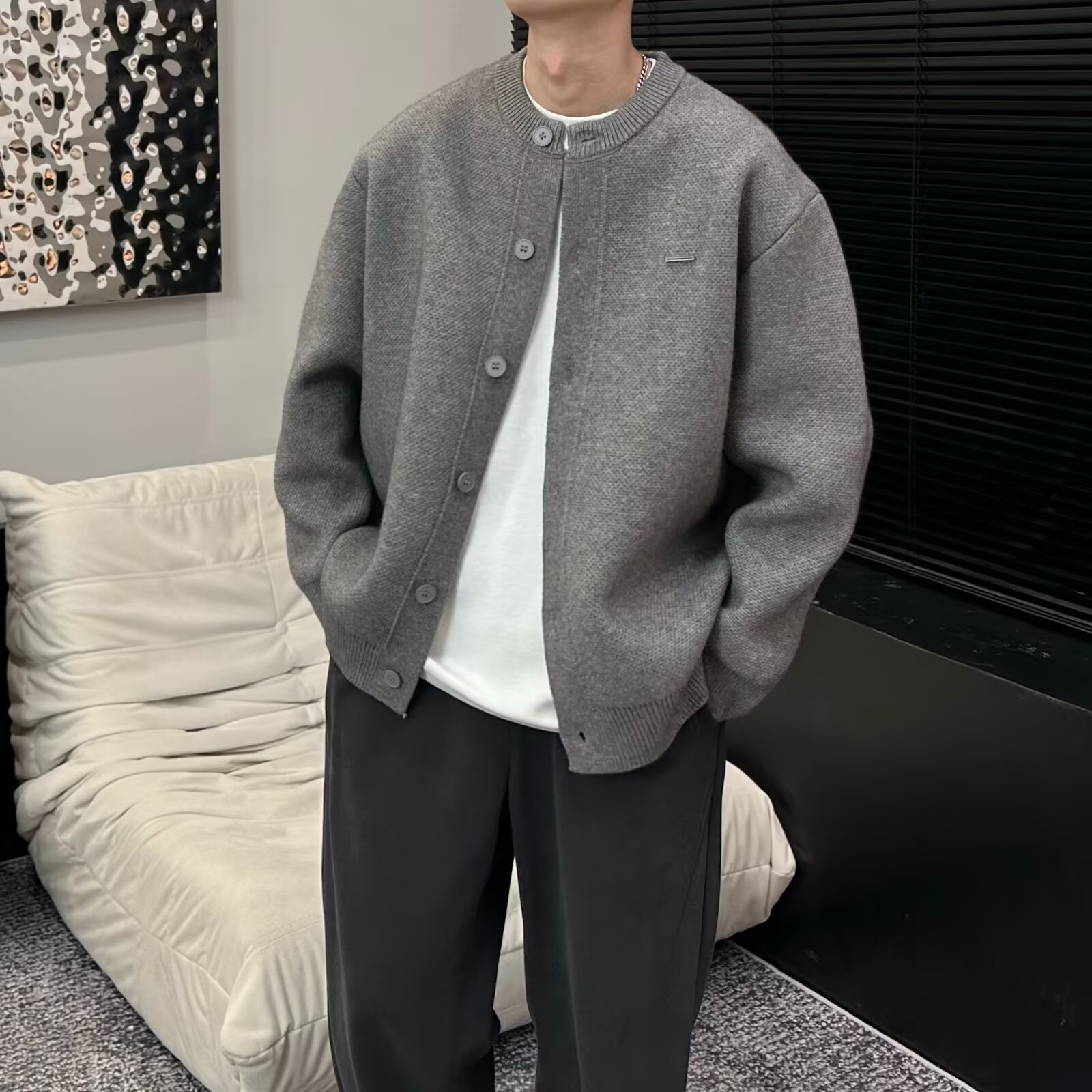 Men's Knit Cardigan Oversized Casual Sweater With Diamond Pattern_voghion.com