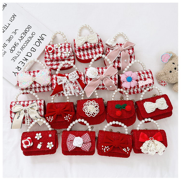 Women's Cotton And Linen Plaid Cherry Bow Knot Cute Beading Pearls Shell Flip Cover Crossbody Bag display picture 14