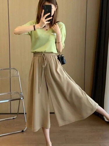 Fat large size ice silk wide-leg pants skirt women's summer thin high-waist loose slimming casual culottes sports capris