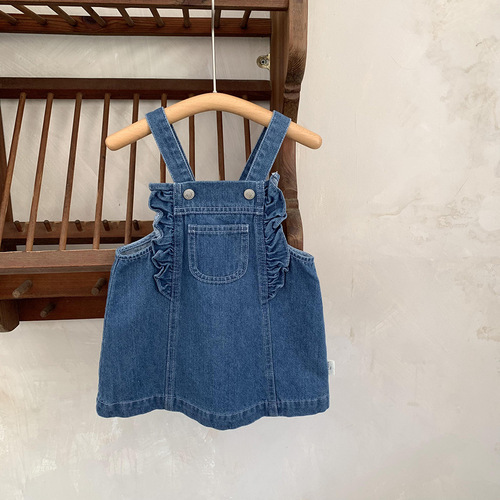 Cutemily Spring/Summer Baby & Toddler Girl's Cute Ruffled Romper Skirt with Denim-Effect Bibs and Half-Skirt