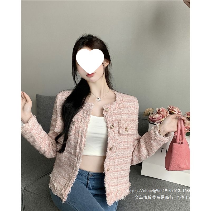 Pink French-style Chanel-inspired jacket for women, 2026 spring and autumn, sophisticated and elegant, with a distinctive shoulder design, short top.