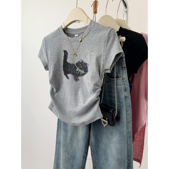 Grey Kitty Shoulder Short-sleeved T-shirt Women's Summer New Arrival plus size chubby girl Slim Look Meat Covering Short T-shirt Top Trendy